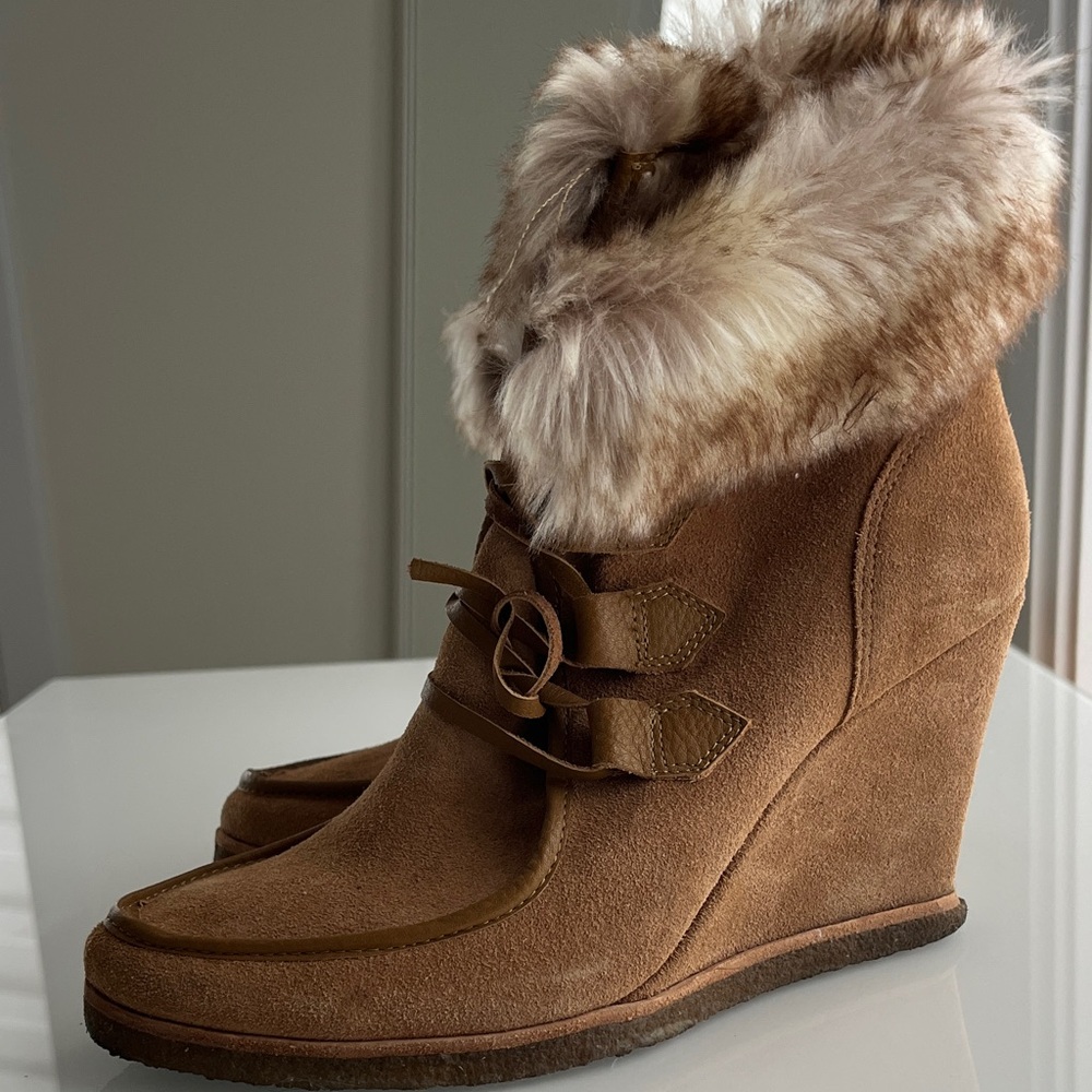 Splendid Women’s Faux-Fur Cuff Wedge Boot in Brown size 8